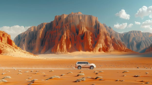 A white SUV travels through a desert with mountains, hills, and plateaus in the background, creating a picturesque natural landscape under a blue sky with fluffy white clouds