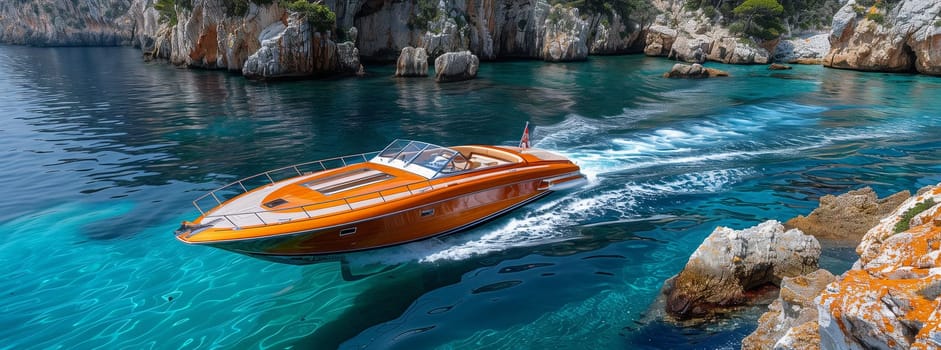 A watercraft is leisurely floating on a tranquil lake, surrounded by the natural beauty of the water resources and peaceful natural landscape