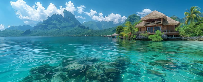 A house stands on a tiny island surrounded by water, under a vast sky filled with fluffy clouds. The scene is a masterpiece of natural landscape art