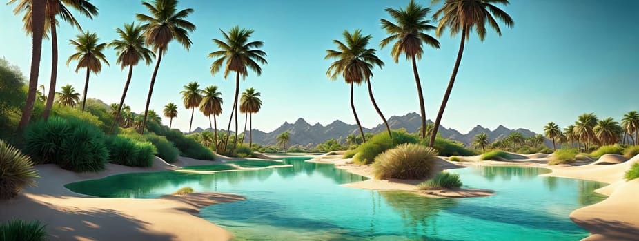 A hidden oasis in the desert with emerald-green waters, palm trees, and magical sand dunes that shift shape. AI Generated