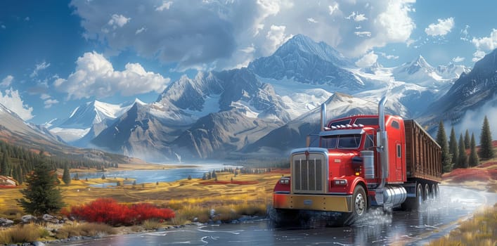 A semi truck is traveling on an asphalt road with mountains in the background, under a cloudy sky. The wheels and tires of the vehicle kicking up water as it moves along the landscape