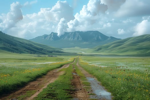 A natural landscape with a dirt road winding through a grassy field in a highland ecoregion, framed by majestic mountains under a clear sky with fluffy clouds