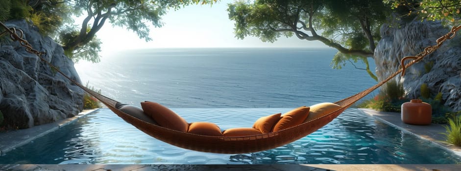 Relaxing in a hammock with a view of the ocean, feeling the gentle breeze and listening to the sound of the waves crashing against the shore