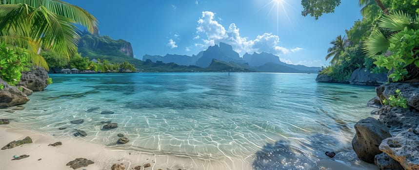 A stunning tropical beach with crystalclear water and majestic mountains in the background, creating a beautiful natural landscape perfect for leisure and travel