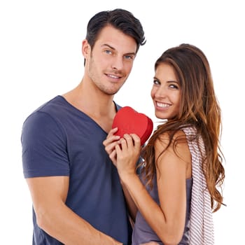 Portrait, gift and heart with couple, love and symbol isolated on a white studio background. Face, man and woman with box and icon with romance and Valentines day with marriage and relationship.