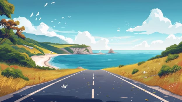 A cartoon illustration of a road leading to the ocean