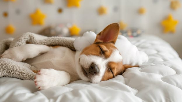 A small dog sleeping on a bed with stars hanging from the ceiling