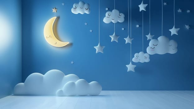 A blue room with clouds and stars hanging from the ceiling