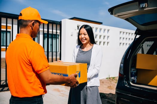 Home delivery service depicted as a courier in uniform gives a cardboard parcel to a smiling woman customer. Illustrating efficient modern delivery logistics for customer satisfaction.