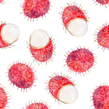 Watercolor rambutan fruit seamless pattern on white background for fabric, textile, wrapping, branding, scrapbook