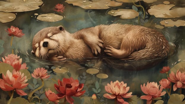 A painting of a baby otter sleeping in the water
