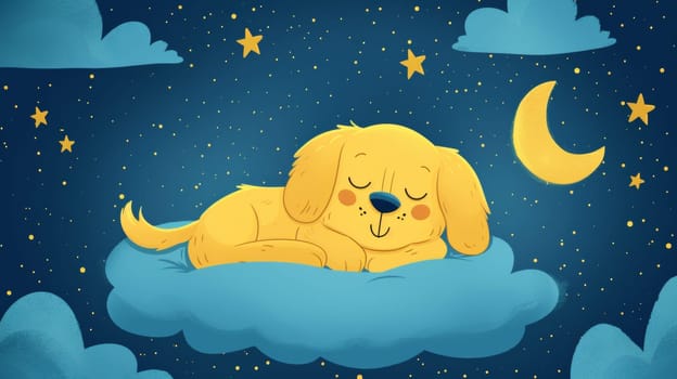 A cartoon dog sleeping on a cloud with stars and moon