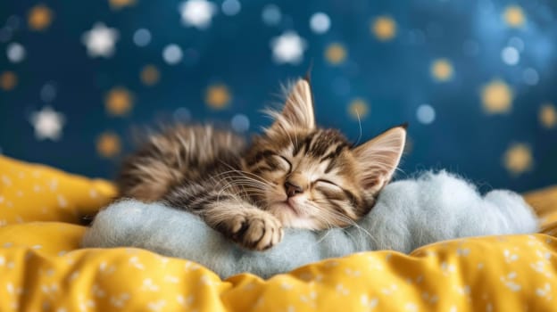 A kitten sleeping on a blanket with its eyes closed