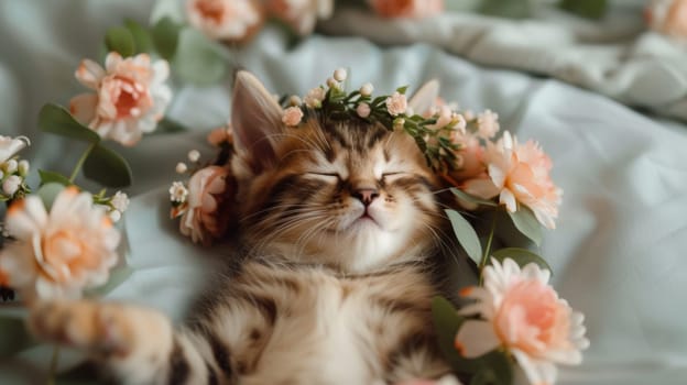 A kitten sleeping in a bed with flowers on it's head