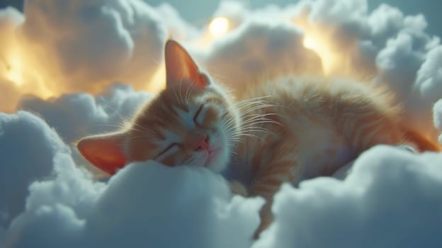 A small orange cat sleeping on top of a cloud