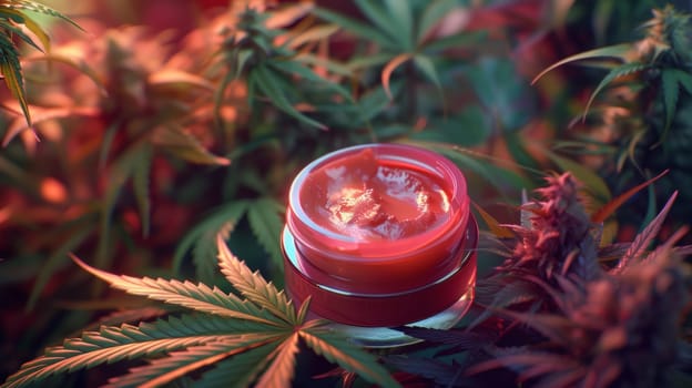 A close up of a red container sitting on top of some plants