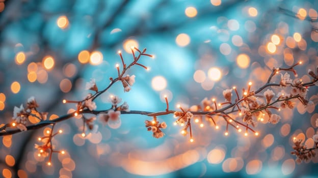 A close up of a branch with lights on it