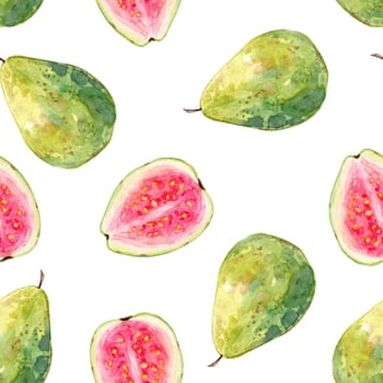 Watercolor cut guava fruit seamless pattern on white background for fabric, textile, wrapping, branding, scrapbook