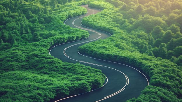 A winding road through a lush green forest