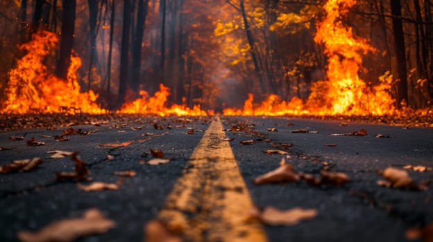 A road with leaves and fire on the side of it