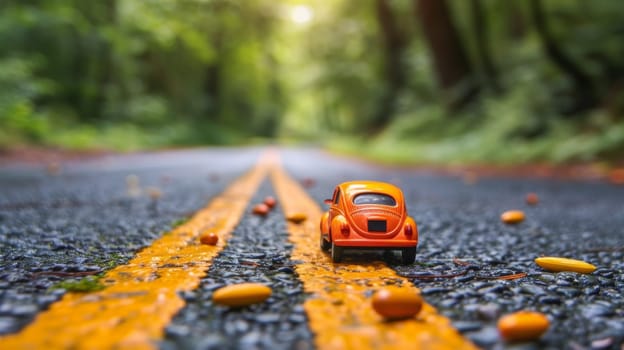 A toy car is driving down a road with orange pebbles