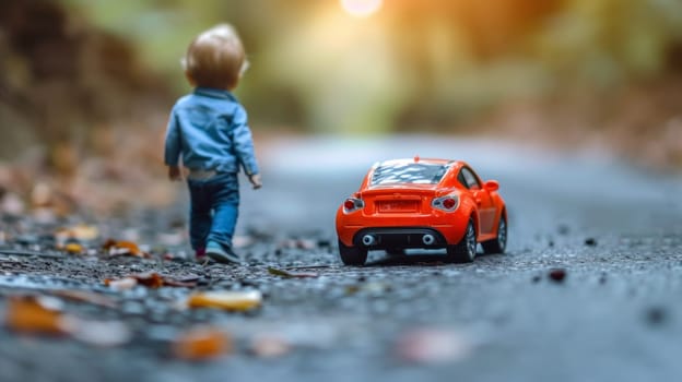 A small boy is walking towards a red toy car