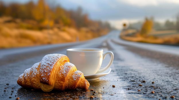 A cup of coffee and croissant on the road in front of a car