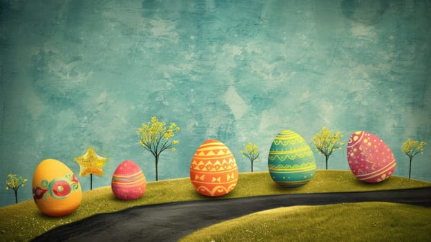 A group of painted eggs on a grassy hill with trees