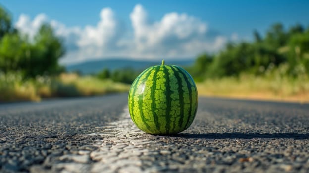 A watermelon sitting on the side of a road with trees in background