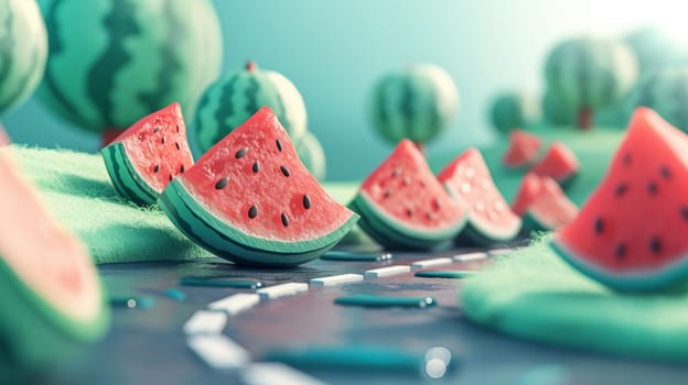 A group of watermelon slices are on a road with cars