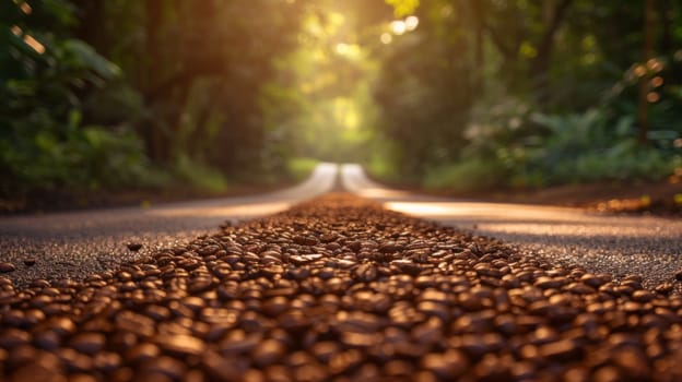 A road with a bunch of coffee beans on it