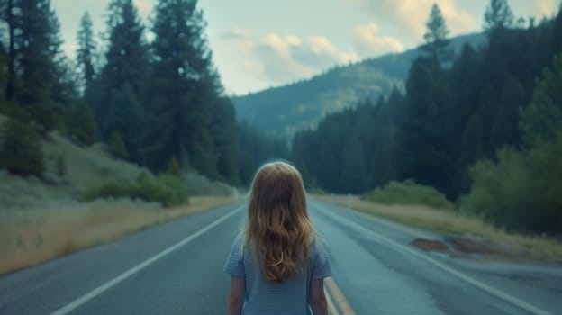 A young girl standing on a road with trees in the background