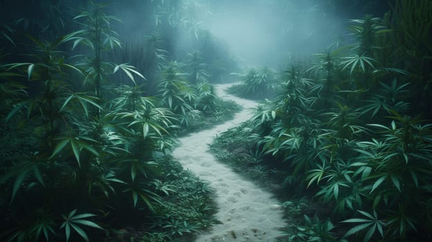 A path through a jungle with plants and trees