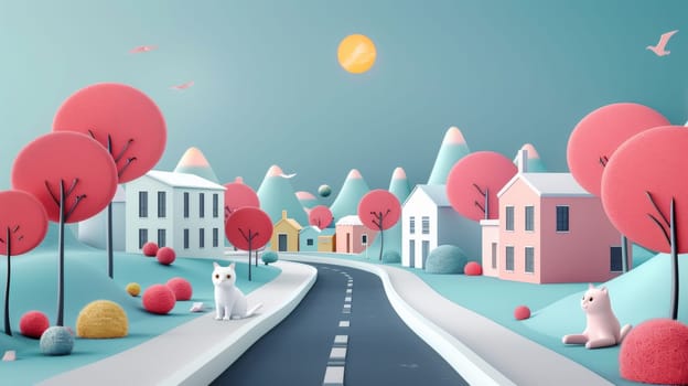 A 3d animated scene of a road with houses and trees