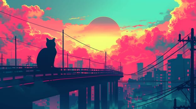 A cat sitting on a bridge over the city skyline