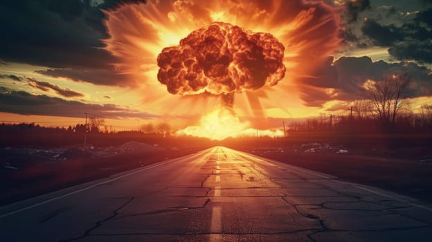 A nuclear explosion is seen in the sky over a road