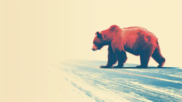 A large brown bear walking across a snowy road in the distance