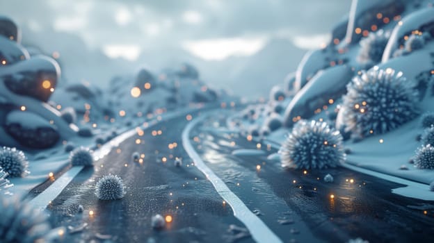A snowy road with lights on it and snow falling