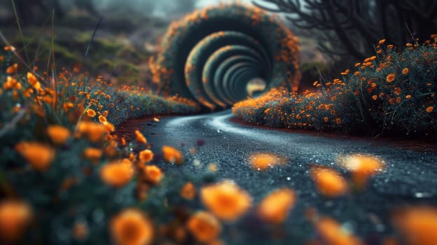 A road with orange flowers and a tunnel in the middle