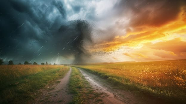 A dirt road leading to a field with clouds in the sky