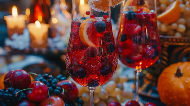 Two glasses of wine with fruit and a slice of orange