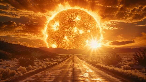 A road leading to a large sun with the sky behind it