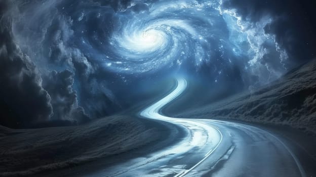 A road winding through a spiral galaxy in the night sky
