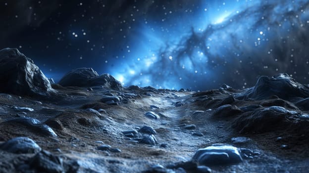 A rocky terrain with a blue sky and stars in the background