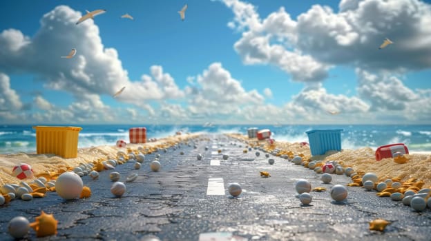 A road with beach balls and other items on it near the ocean