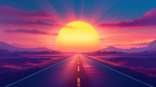 A road leading to the sun with a sunset in front of it