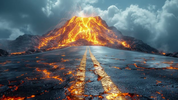 A road with lava flowing down it and a volcano in the background