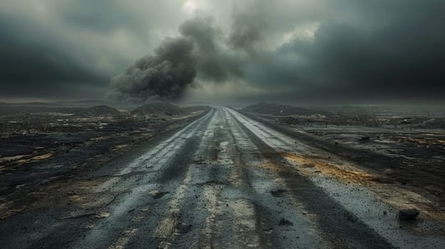A road with a black cloud coming out of it