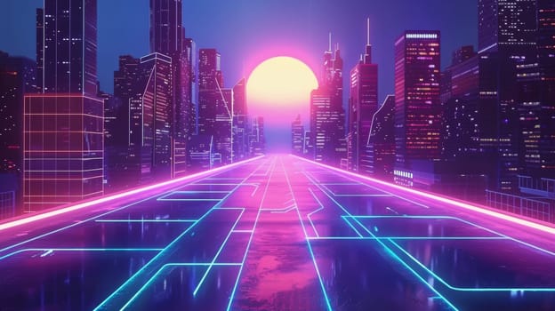A neon cityscape with a futuristic looking road and buildings