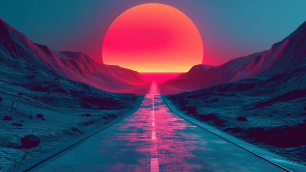 A road leading into the sunset with a mountain in front of it